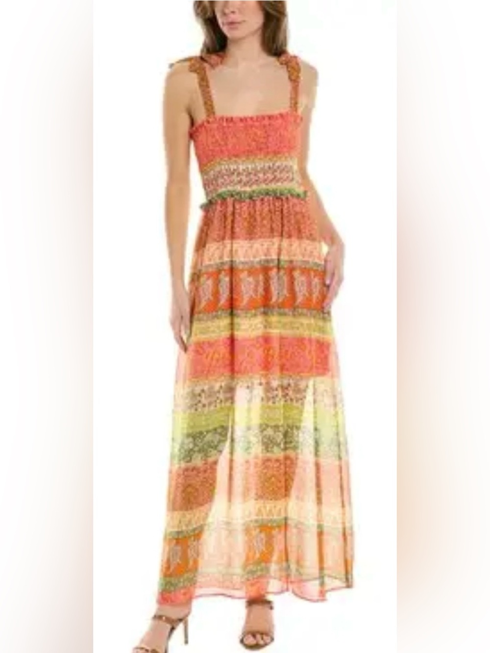 Maison Tara Smocked Boho Maxi Dress Pink Orange Paisley Tie Strap Size  18W NWT